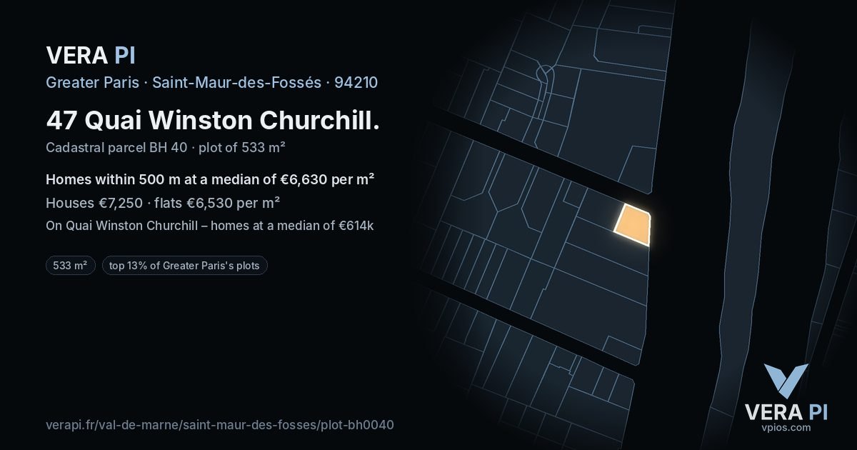 47 Quai Winston Churchill, Saint-Maur-des-Fossés at night – the plot lit, the parcels around coloured by the prices near them