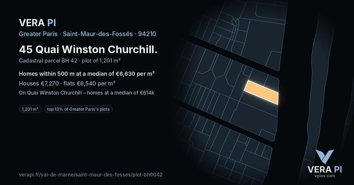 45 Quai Winston Churchill, Saint-Maur-des-Fossés at night – the plot lit, the parcels around coloured by the prices near them