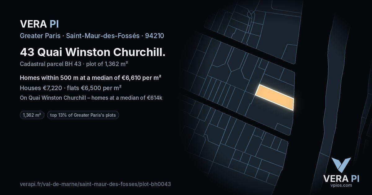43 Quai Winston Churchill, Saint-Maur-des-Fossés at night – the plot lit, the parcels around coloured by the prices near them