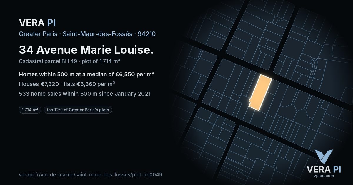 34 Avenue Marie Louise, Saint-Maur-des-Fossés at night – the plot lit, the parcels around coloured by the prices near them