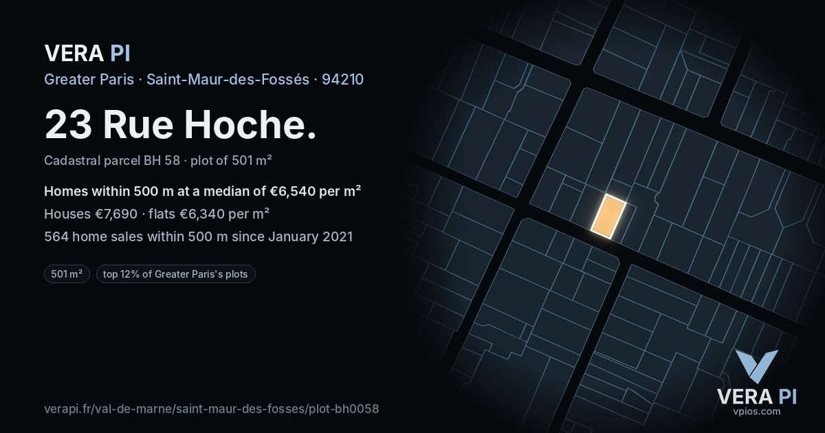 23 Rue Hoche, Saint-Maur-des-Fossés at night – the plot lit, the parcels around coloured by the prices near them