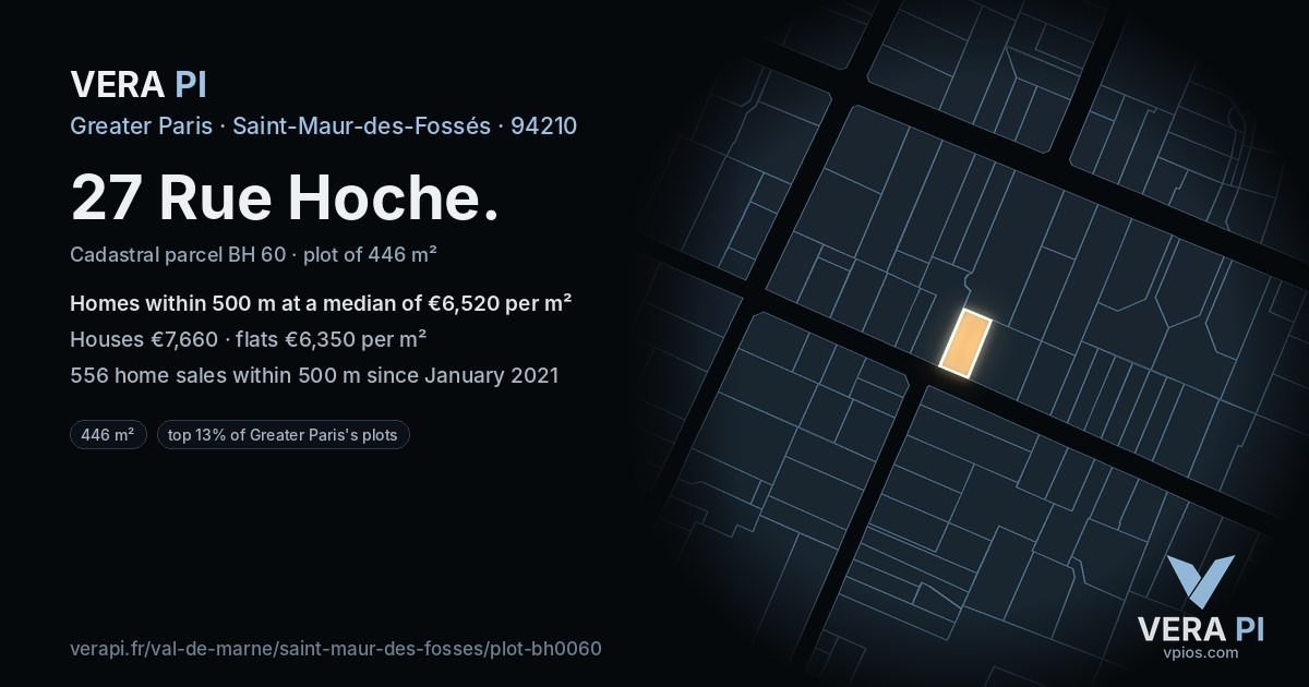 27 Rue Hoche, Saint-Maur-des-Fossés at night – the plot lit, the parcels around coloured by the prices near them
