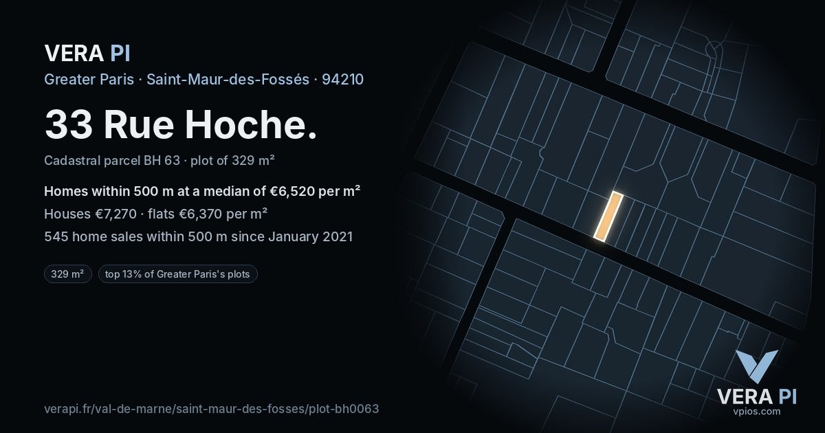 33 Rue Hoche, Saint-Maur-des-Fossés at night – the plot lit, the parcels around coloured by the prices near them