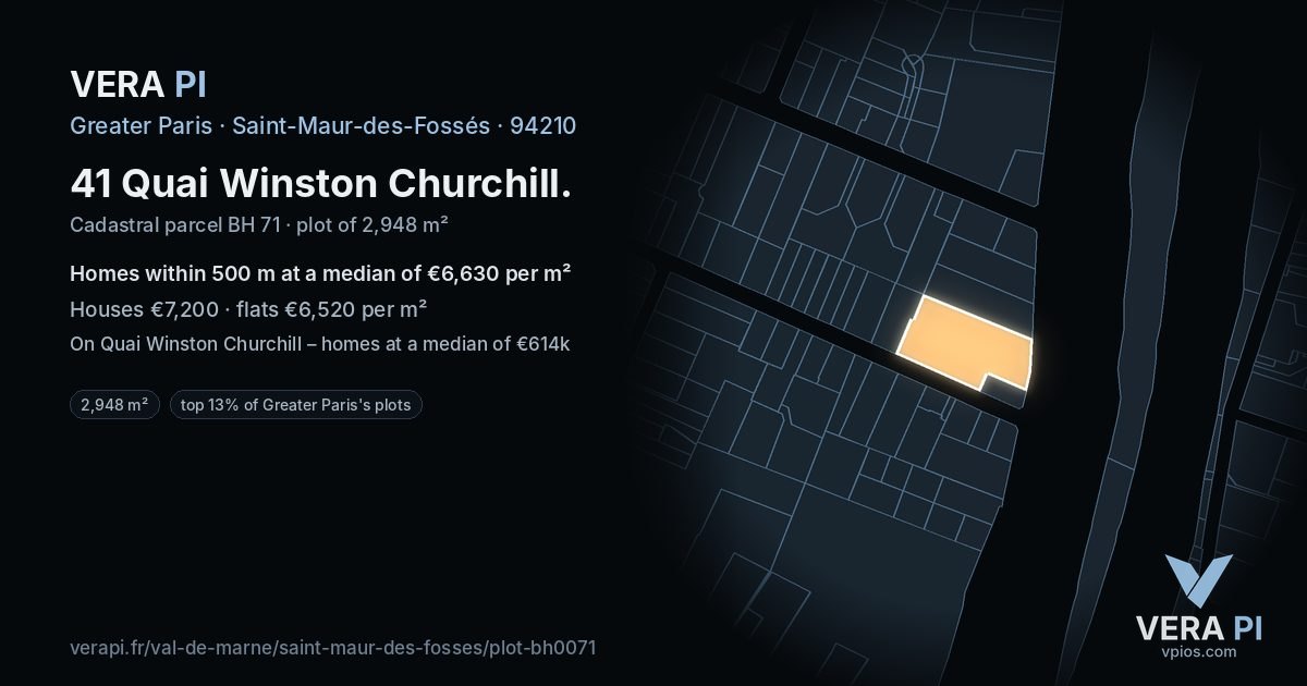 41 Quai Winston Churchill, Saint-Maur-des-Fossés at night – the plot lit, the parcels around coloured by the prices near them