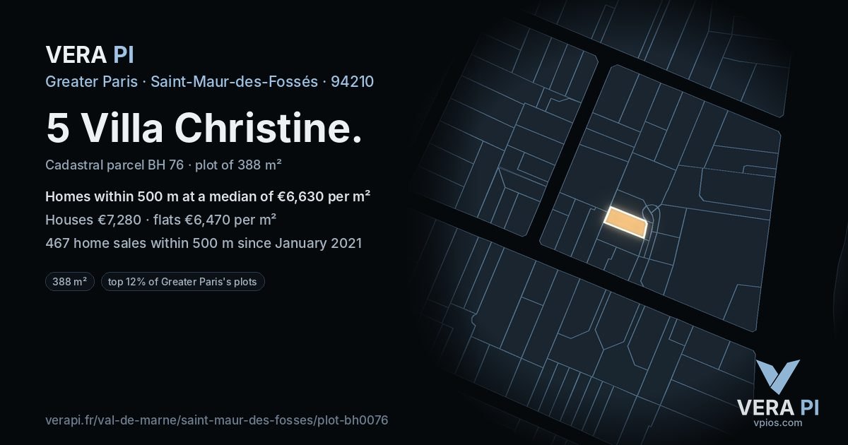 5 Villa Christine, Saint-Maur-des-Fossés at night – the plot lit, the parcels around coloured by the prices near them