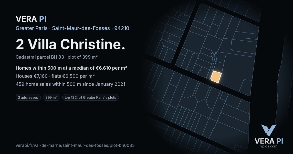 2 Villa Christine, Saint-Maur-des-Fossés at night – the plot lit, the parcels around coloured by the prices near them