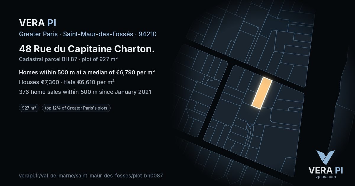 48 Rue du Capitaine Charton, Saint-Maur-des-Fossés at night – the plot lit, the parcels around coloured by the prices near them