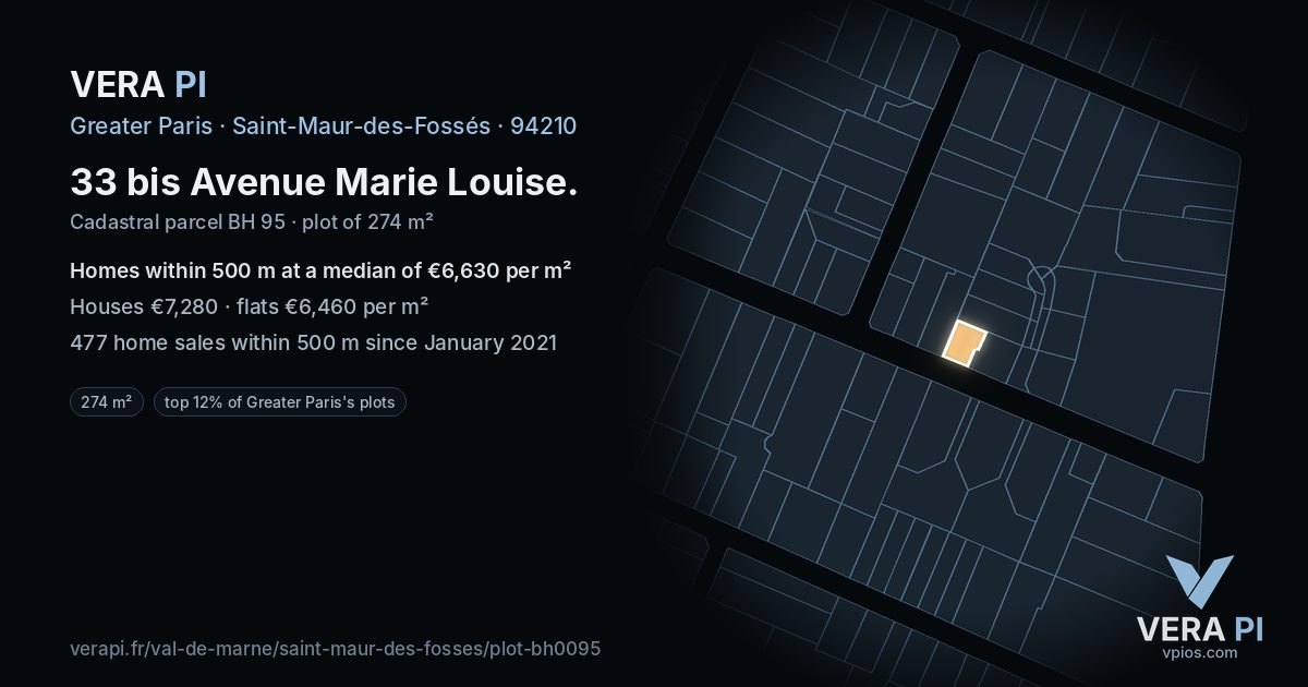 33 bis Avenue Marie Louise, Saint-Maur-des-Fossés at night – the plot lit, the parcels around coloured by the prices near them