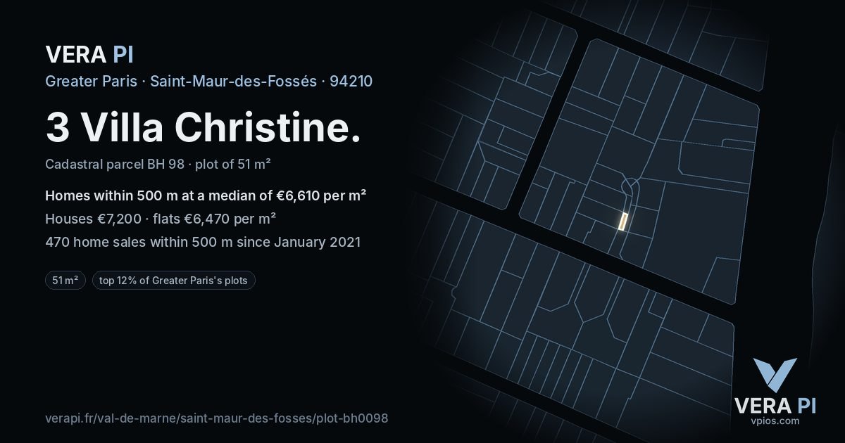 3 Villa Christine, Saint-Maur-des-Fossés at night – the plot lit, the parcels around coloured by the prices near them