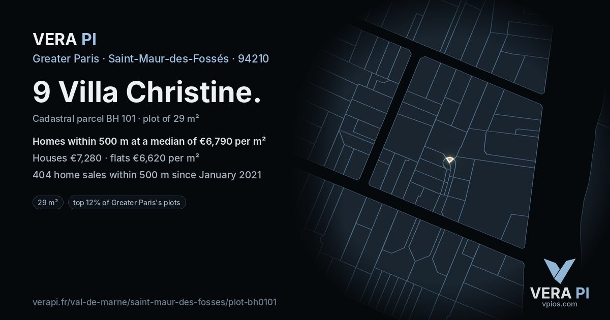 9 Villa Christine, Saint-Maur-des-Fossés at night – the plot lit, the parcels around coloured by the prices near them