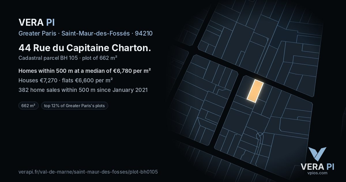 44 Rue du Capitaine Charton, Saint-Maur-des-Fossés at night – the plot lit, the parcels around coloured by the prices near them