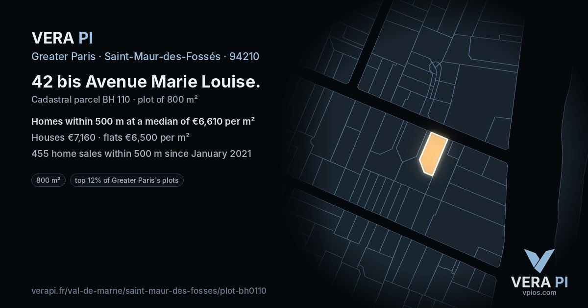 42 bis Avenue Marie Louise, Saint-Maur-des-Fossés at night – the plot lit, the parcels around coloured by the prices near them