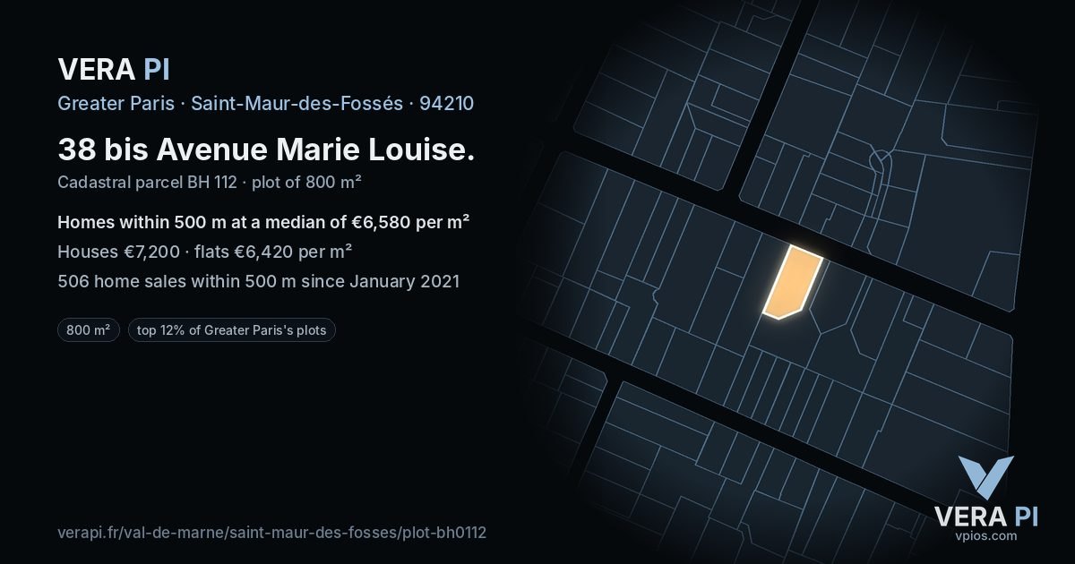 38 bis Avenue Marie Louise, Saint-Maur-des-Fossés at night – the plot lit, the parcels around coloured by the prices near them