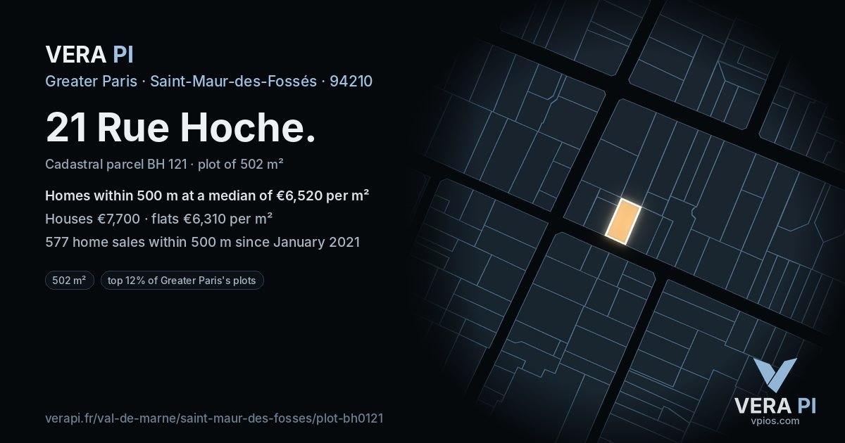 21 Rue Hoche, Saint-Maur-des-Fossés at night – the plot lit, the parcels around coloured by the prices near them