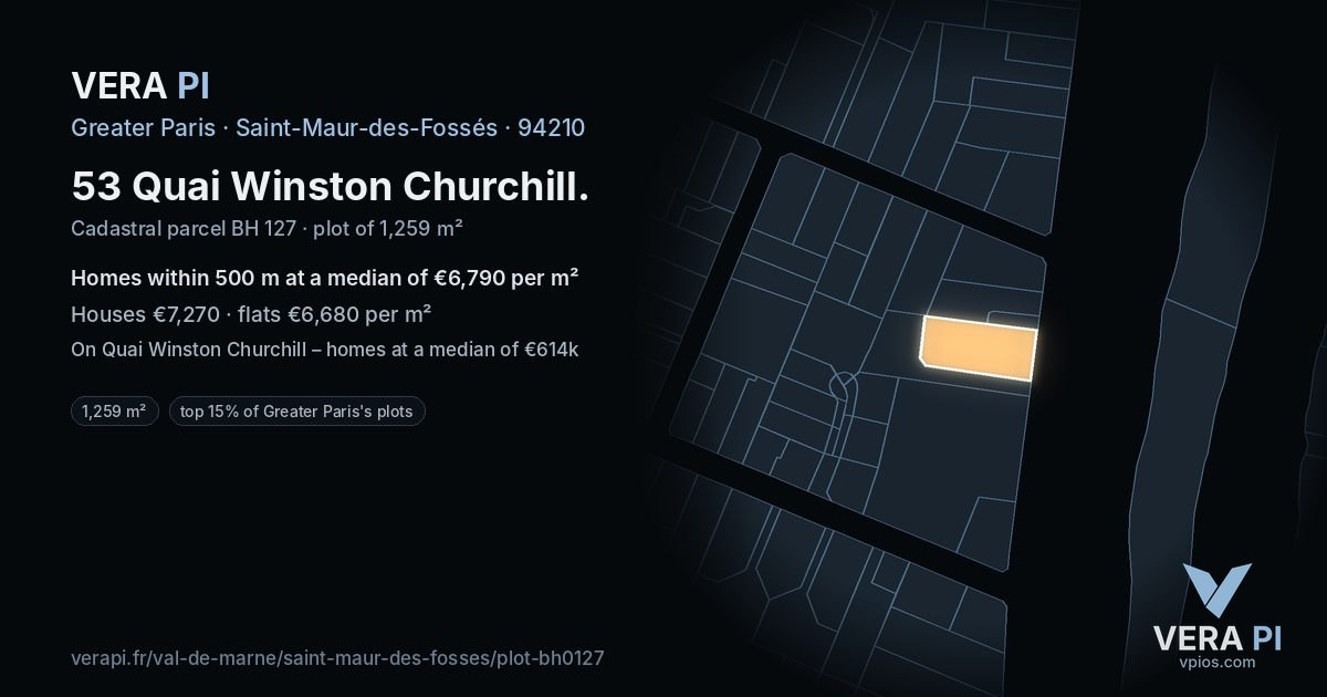 53 Quai Winston Churchill, Saint-Maur-des-Fossés at night – the plot lit, the parcels around coloured by the prices near them