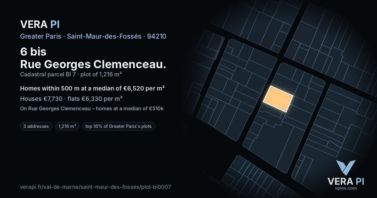6 bis Rue Georges Clemenceau, Saint-Maur-des-Fossés at night – the plot lit, the parcels around coloured by the prices near them