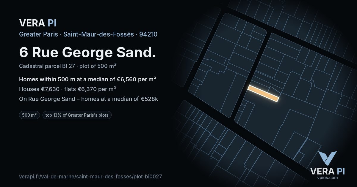 6 Rue George Sand, Saint-Maur-des-Fossés at night – the plot lit, the parcels around coloured by the prices near them