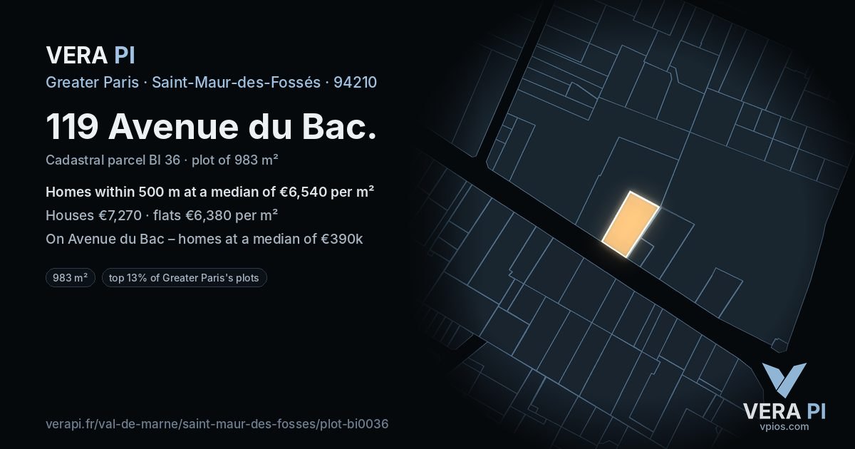 119 Avenue du Bac, Saint-Maur-des-Fossés at night – the plot lit, the parcels around coloured by the prices near them