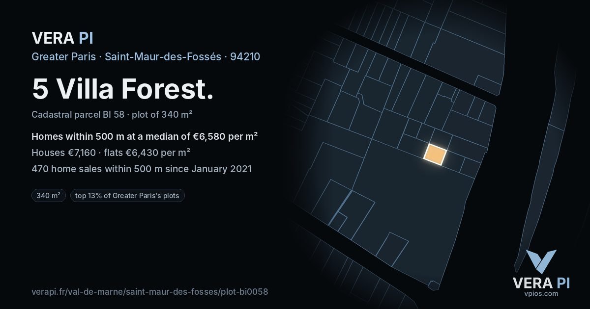 5 Villa Forest, Saint-Maur-des-Fossés at night – the plot lit, the parcels around coloured by the prices near them