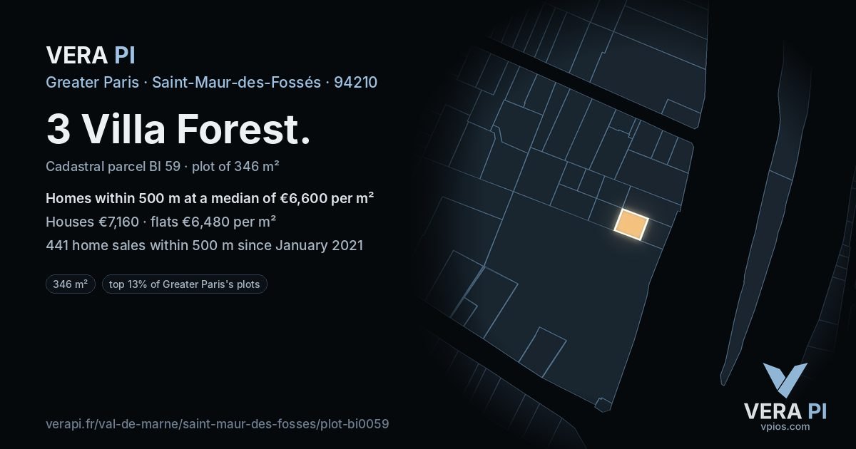 3 Villa Forest, Saint-Maur-des-Fossés at night – the plot lit, the parcels around coloured by the prices near them