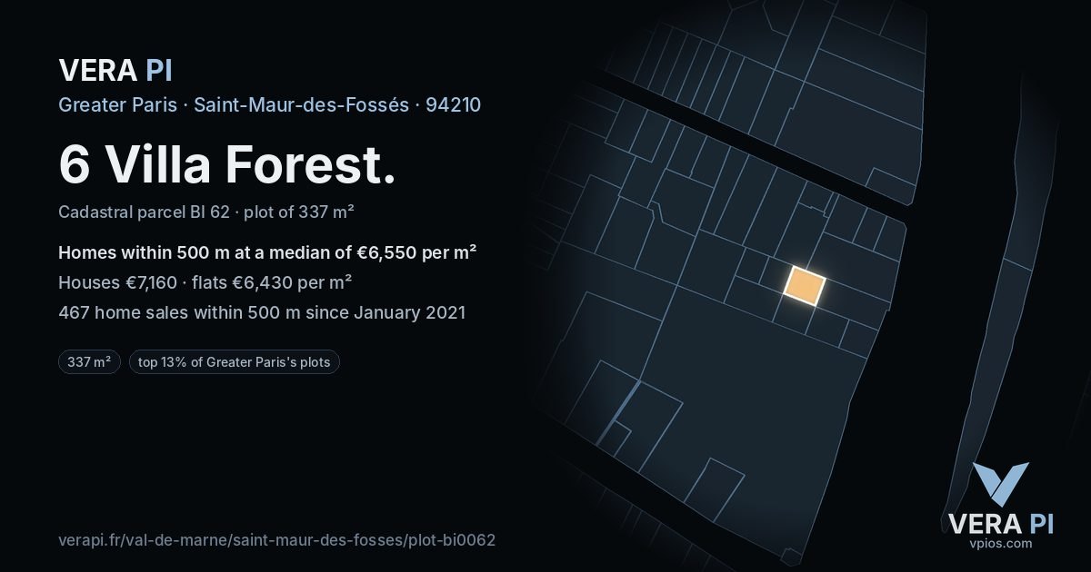 6 Villa Forest, Saint-Maur-des-Fossés at night – the plot lit, the parcels around coloured by the prices near them