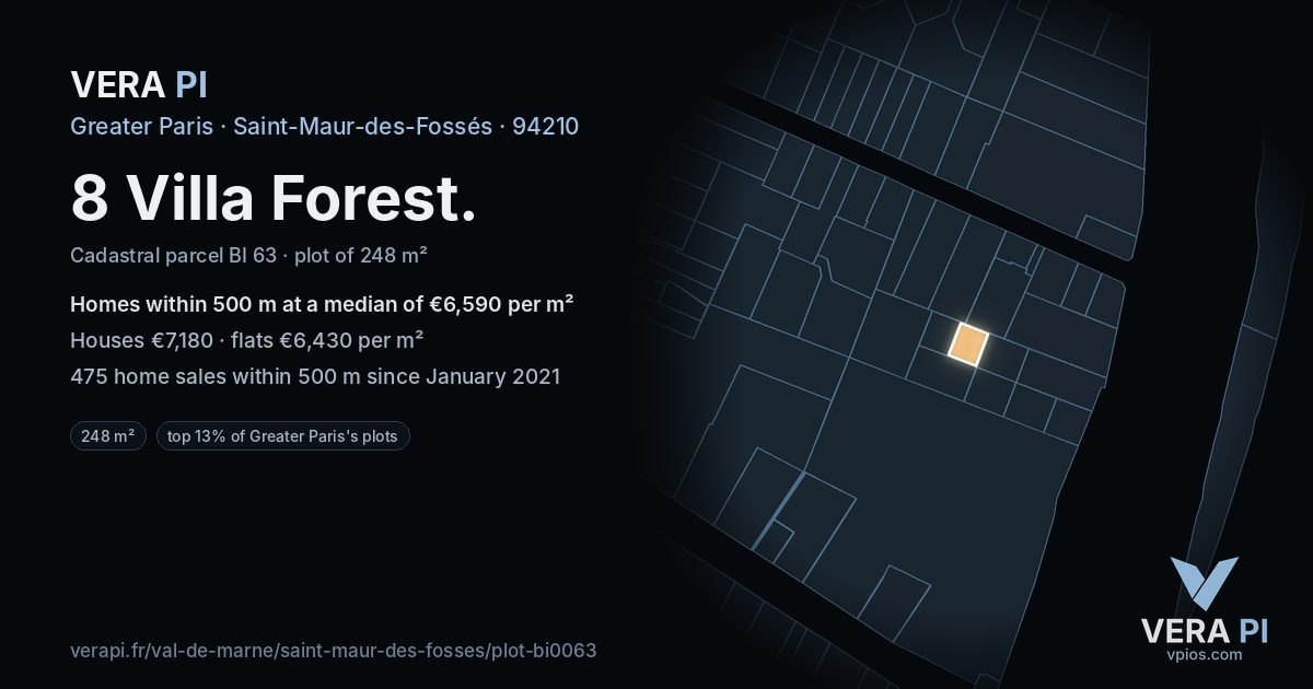 8 Villa Forest, Saint-Maur-des-Fossés at night – the plot lit, the parcels around coloured by the prices near them