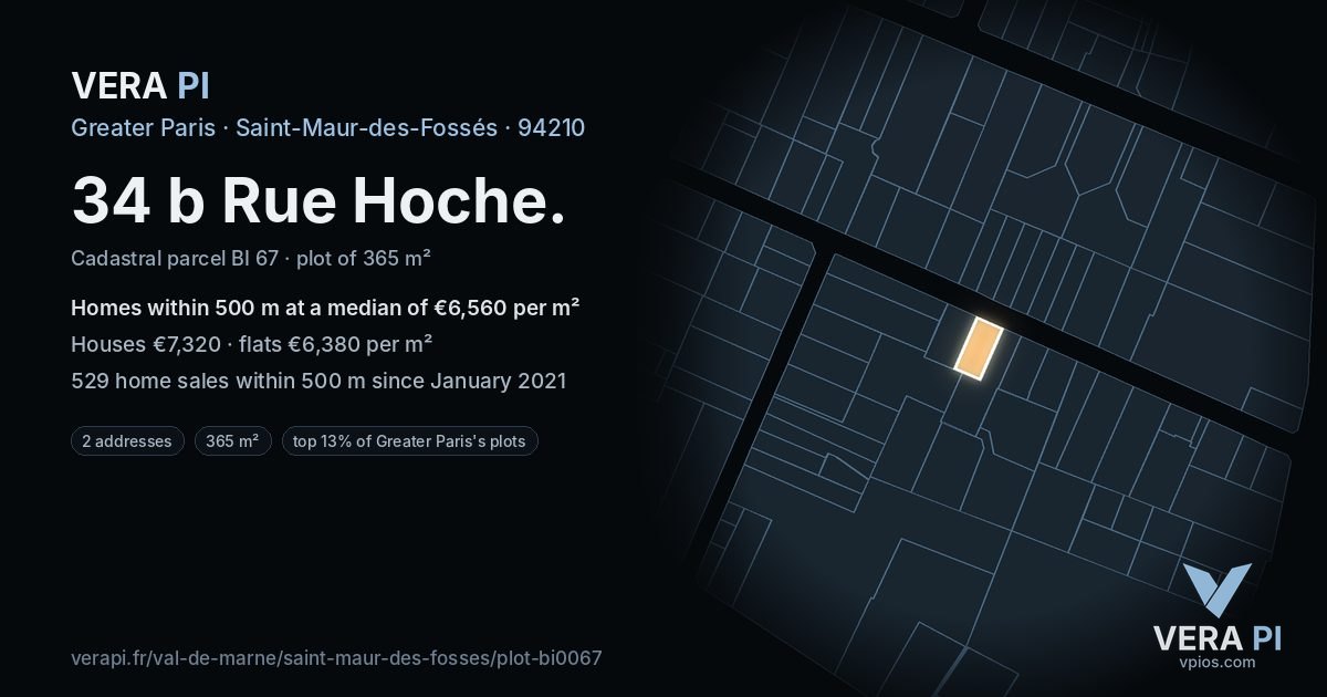 34 b Rue Hoche, Saint-Maur-des-Fossés at night – the plot lit, the parcels around coloured by the prices near them