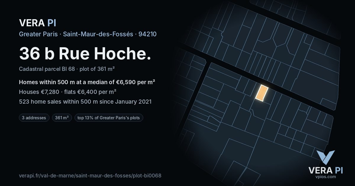 36 b Rue Hoche, Saint-Maur-des-Fossés at night – the plot lit, the parcels around coloured by the prices near them