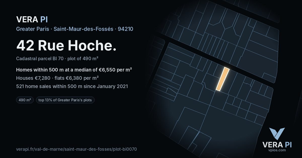 42 Rue Hoche, Saint-Maur-des-Fossés at night – the plot lit, the parcels around coloured by the prices near them