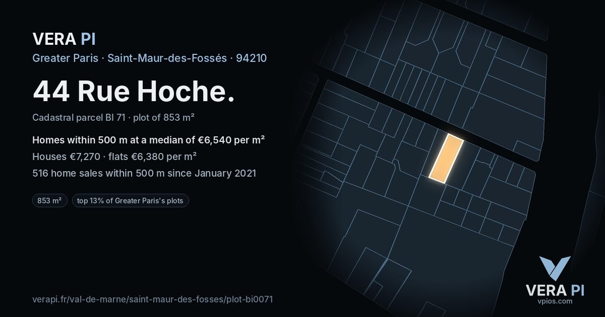 44 Rue Hoche, Saint-Maur-des-Fossés at night – the plot lit, the parcels around coloured by the prices near them