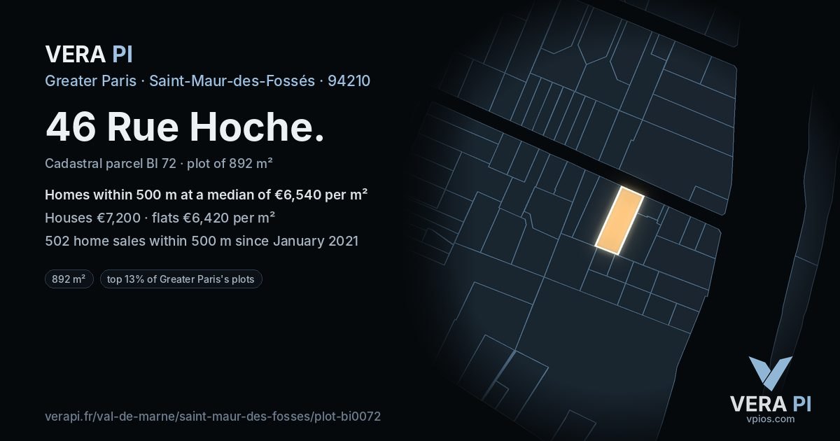 46 Rue Hoche, Saint-Maur-des-Fossés at night – the plot lit, the parcels around coloured by the prices near them