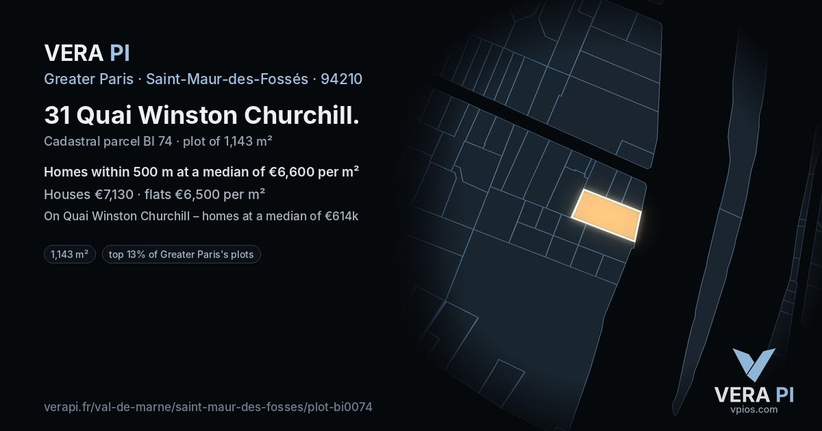 31 Quai Winston Churchill, Saint-Maur-des-Fossés at night – the plot lit, the parcels around coloured by the prices near them