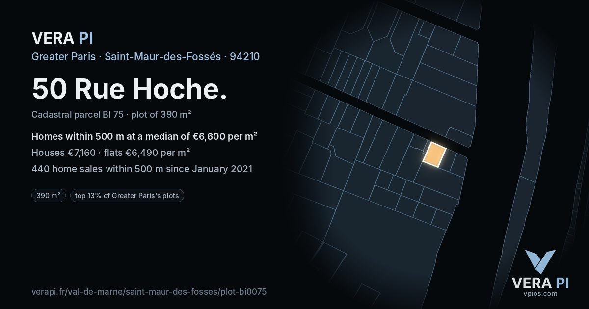 50 Rue Hoche, Saint-Maur-des-Fossés at night – the plot lit, the parcels around coloured by the prices near them