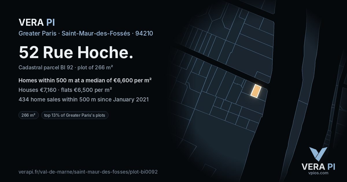 52 Rue Hoche, Saint-Maur-des-Fossés at night – the plot lit, the parcels around coloured by the prices near them