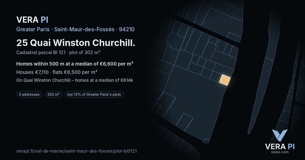 25 Quai Winston Churchill, Saint-Maur-des-Fossés at night – the plot lit, the parcels around coloured by the prices near them