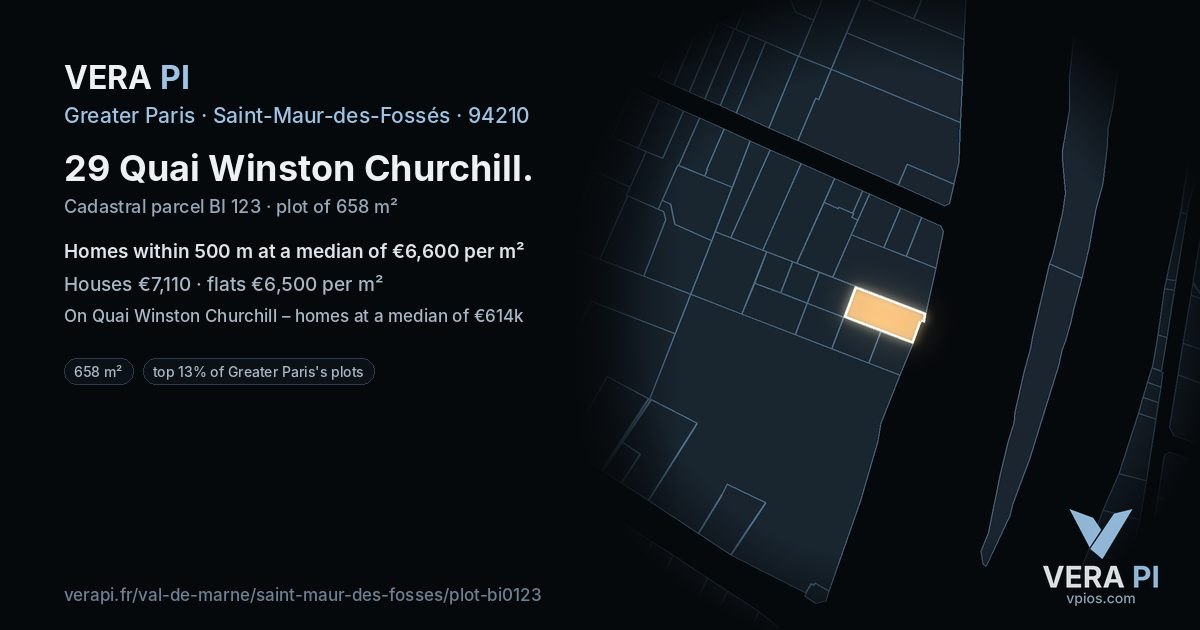 29 Quai Winston Churchill, Saint-Maur-des-Fossés at night – the plot lit, the parcels around coloured by the prices near them