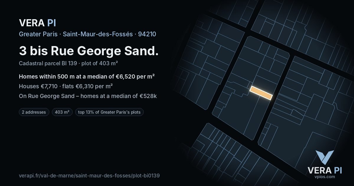 3 bis Rue George Sand, Saint-Maur-des-Fossés at night – the plot lit, the parcels around coloured by the prices near them