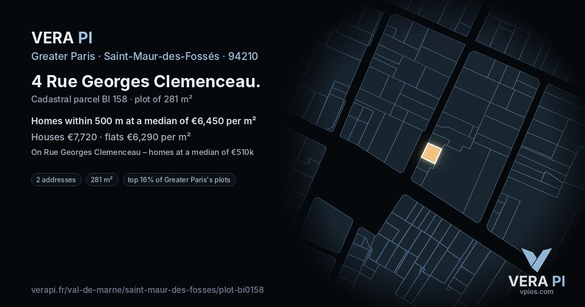 4 Rue Georges Clemenceau, Saint-Maur-des-Fossés at night – the plot lit, the parcels around coloured by the prices near them