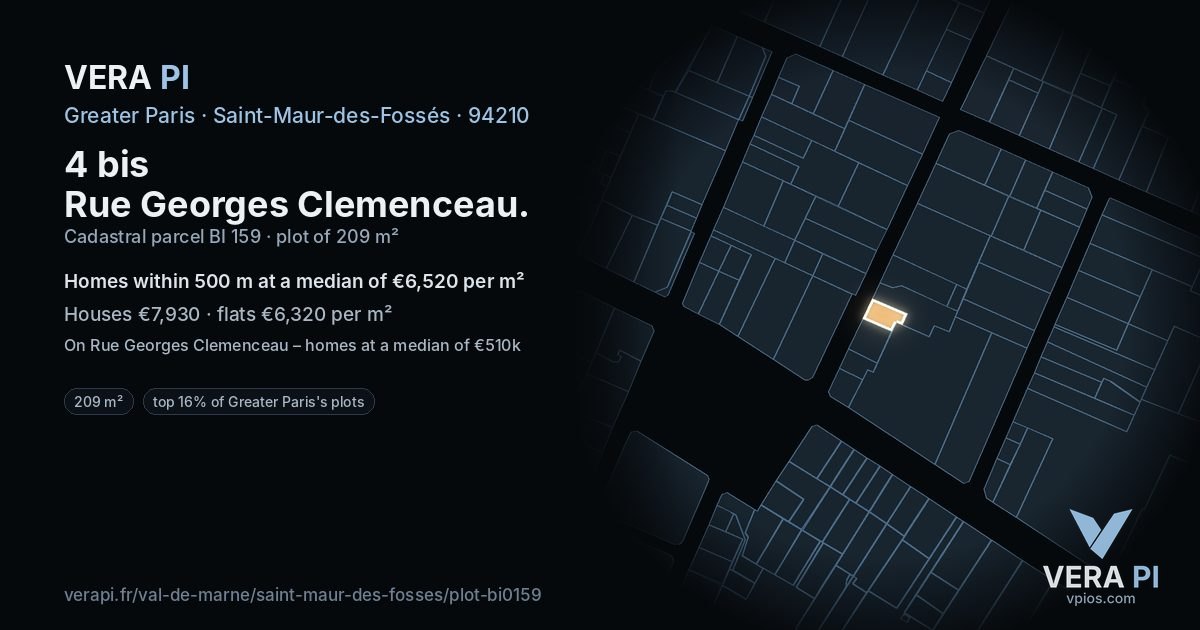 4 bis Rue Georges Clemenceau, Saint-Maur-des-Fossés at night – the plot lit, the parcels around coloured by the prices near them