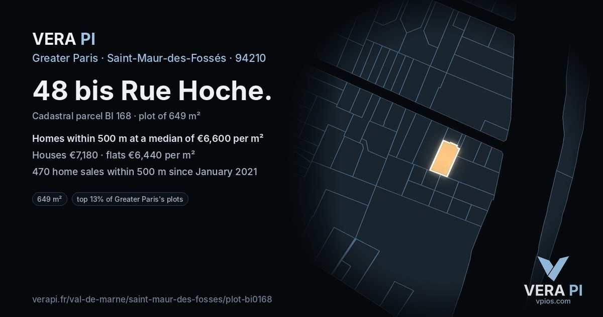 48 bis Rue Hoche, Saint-Maur-des-Fossés at night – the plot lit, the parcels around coloured by the prices near them