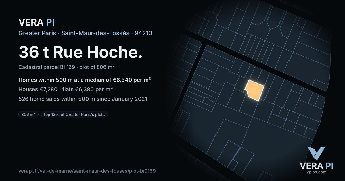 36 t Rue Hoche, Saint-Maur-des-Fossés at night – the plot lit, the parcels around coloured by the prices near them