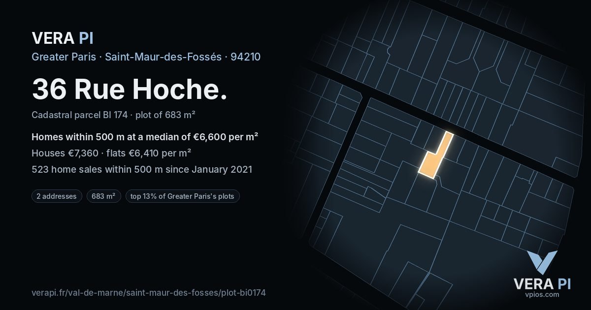 36 Rue Hoche, Saint-Maur-des-Fossés at night – the plot lit, the parcels around coloured by the prices near them