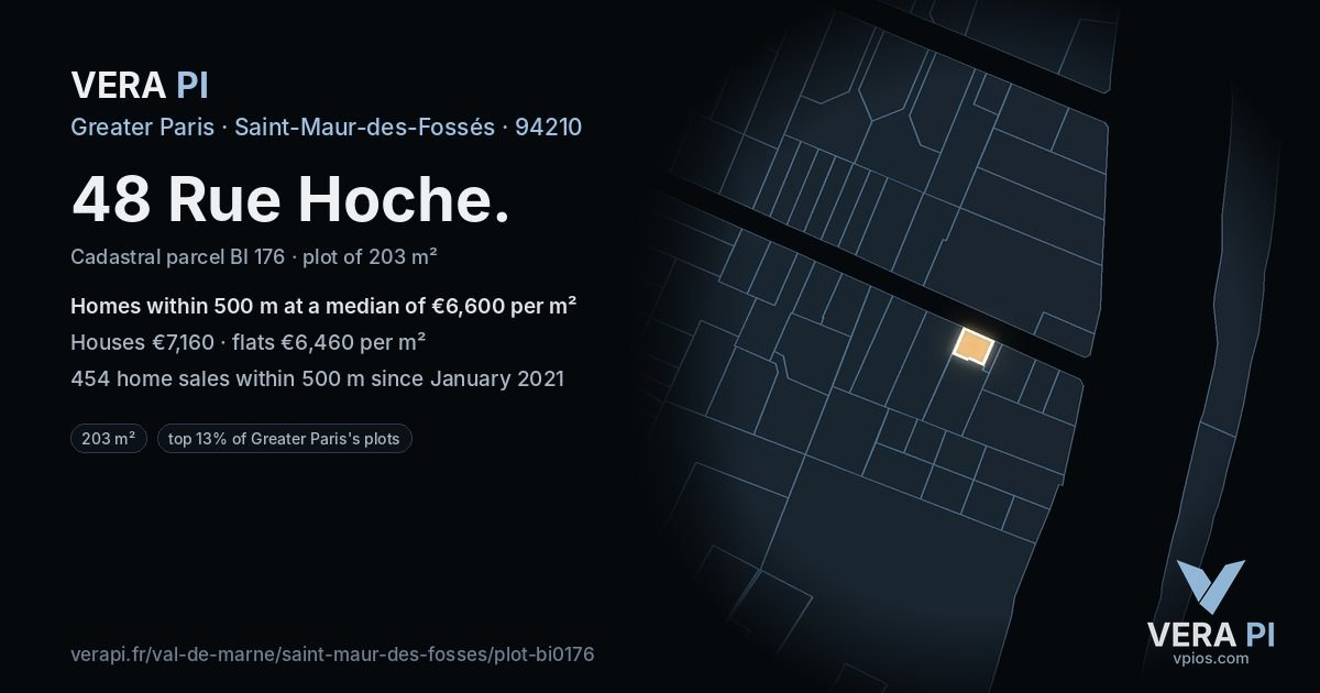 48 Rue Hoche, Saint-Maur-des-Fossés at night – the plot lit, the parcels around coloured by the prices near them