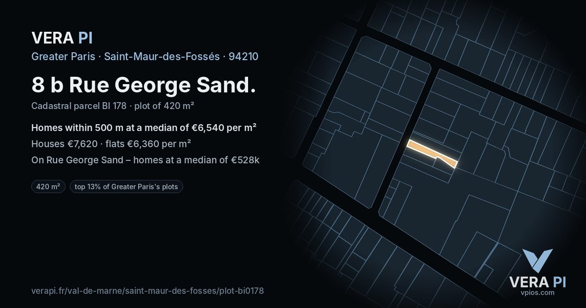 8 b Rue George Sand, Saint-Maur-des-Fossés at night – the plot lit, the parcels around coloured by the prices near them