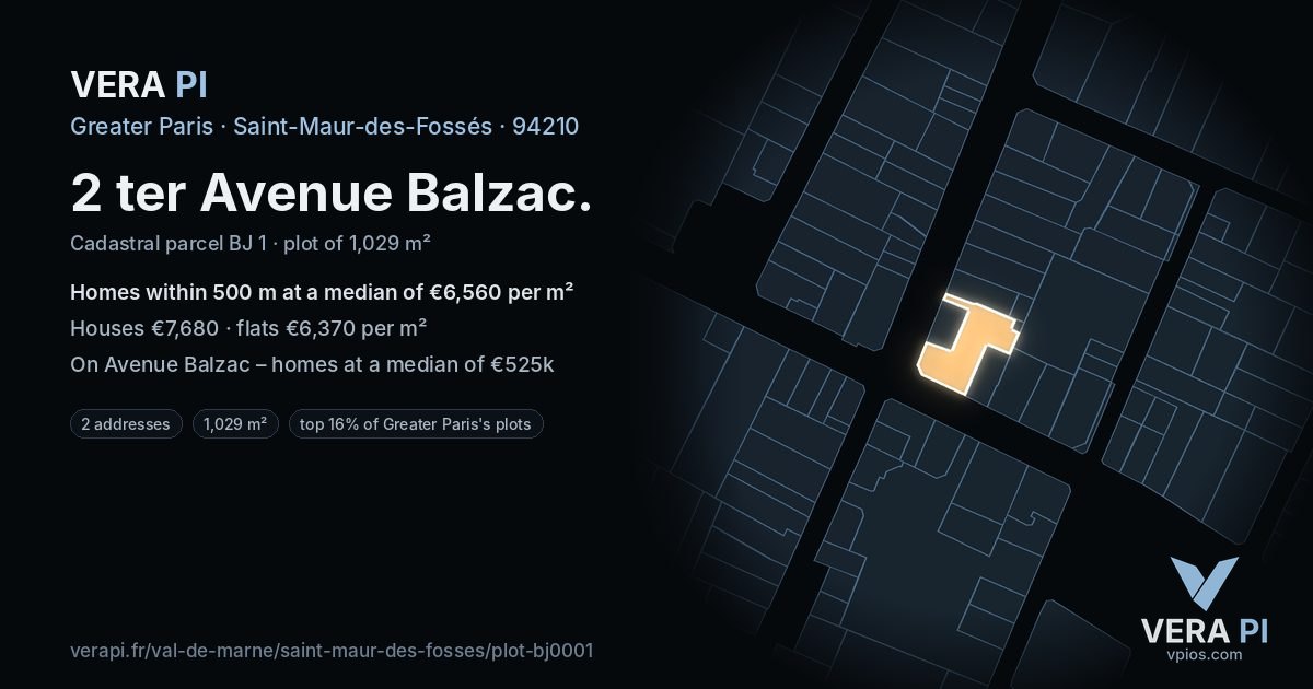 2 ter Avenue Balzac, Saint-Maur-des-Fossés at night – the plot lit, the parcels around coloured by the prices near them