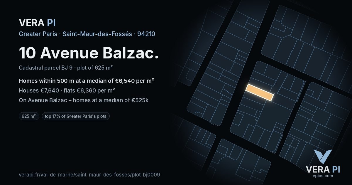 10 Avenue Balzac, Saint-Maur-des-Fossés at night – the plot lit, the parcels around coloured by the prices near them