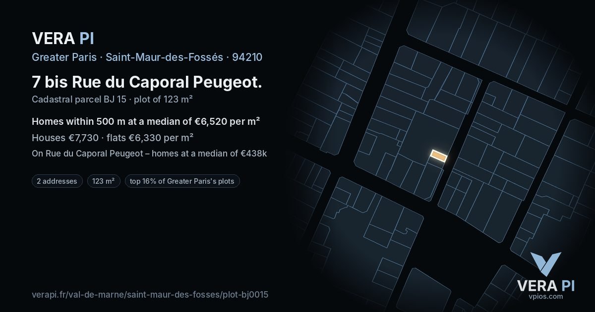 7 bis Rue du Caporal Peugeot, Saint-Maur-des-Fossés at night – the plot lit, the parcels around coloured by the prices near them