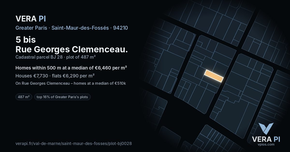 5 bis Rue Georges Clemenceau, Saint-Maur-des-Fossés at night – the plot lit, the parcels around coloured by the prices near them