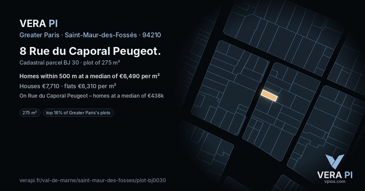 8 Rue du Caporal Peugeot, Saint-Maur-des-Fossés at night – the plot lit, the parcels around coloured by the prices near them