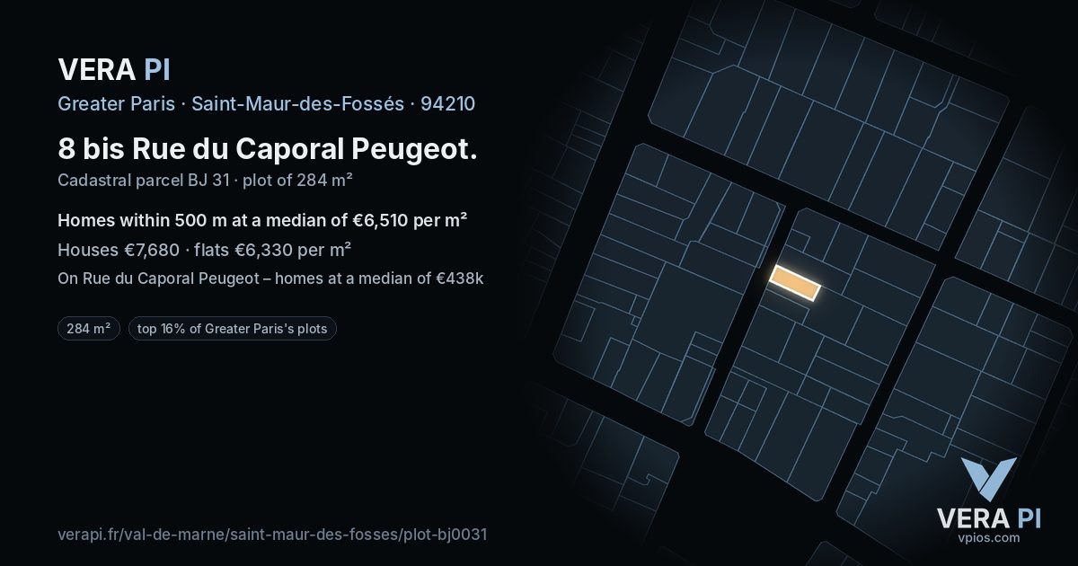 8 bis Rue du Caporal Peugeot, Saint-Maur-des-Fossés at night – the plot lit, the parcels around coloured by the prices near them